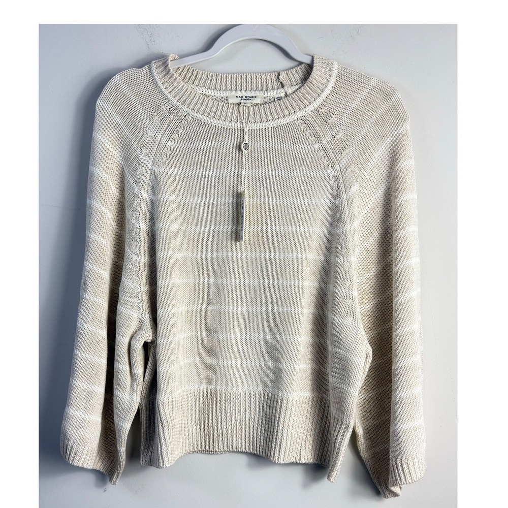 Max Studio Beige Striped Knit Women Sweater Raglan SleevesSize M NWT
